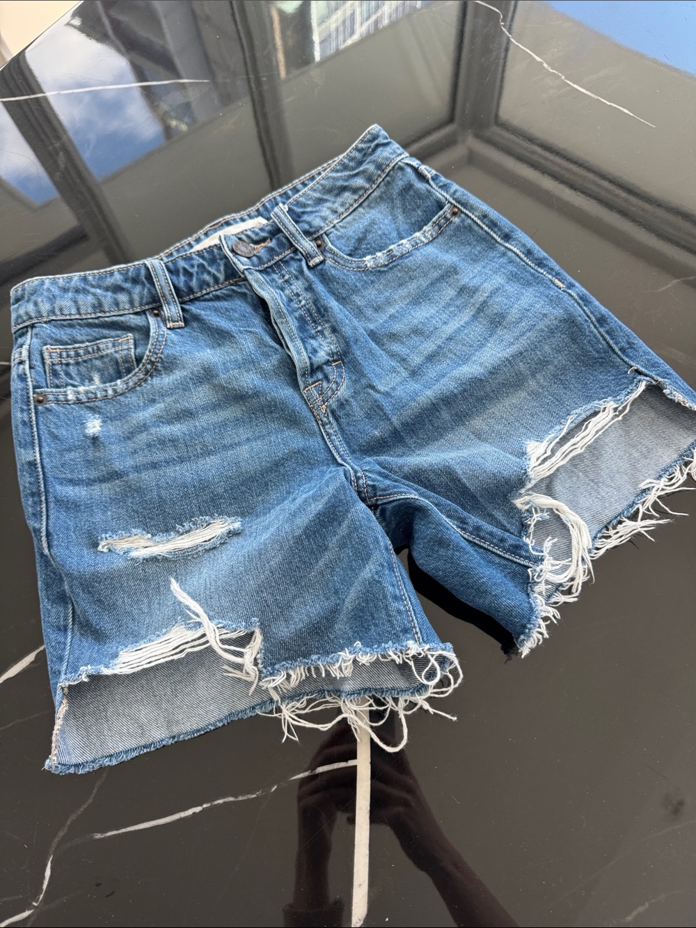 Distressed Mid-Rise Blue Denim Jean Shorts